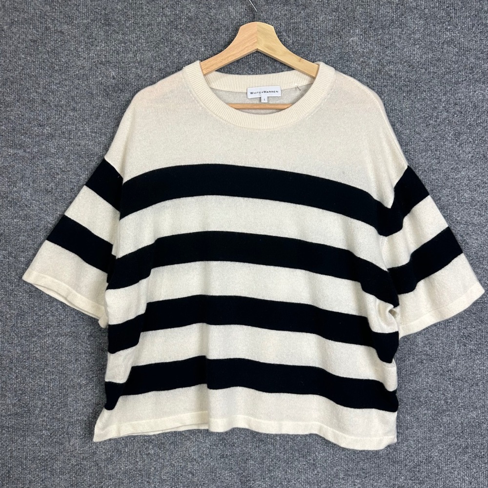 White + Warren Cashmere Sweater Womens L White Black Excellent Striped Short Slv